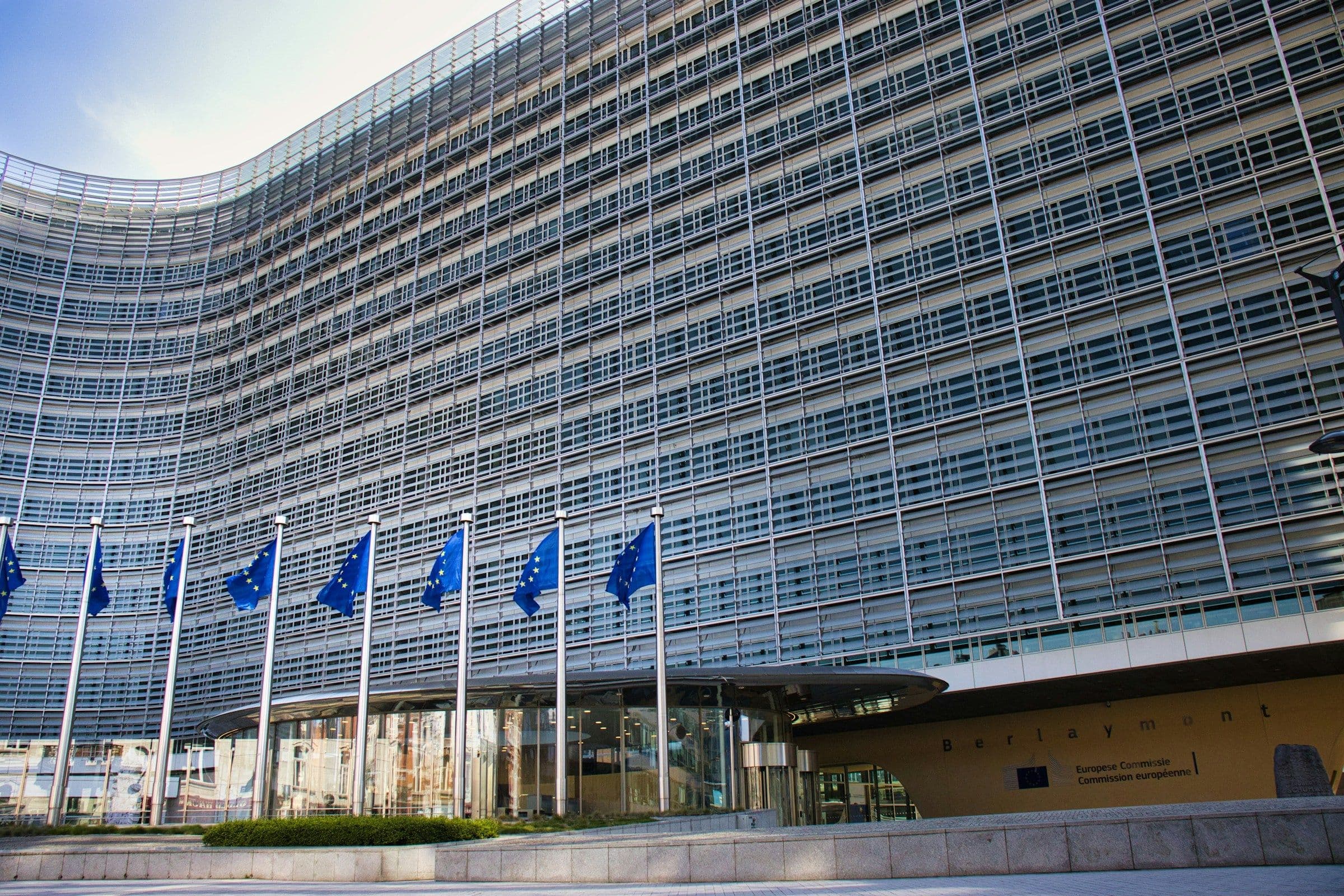 The Berlaymont, seat of the European Commission in Brussels, flying EU flags