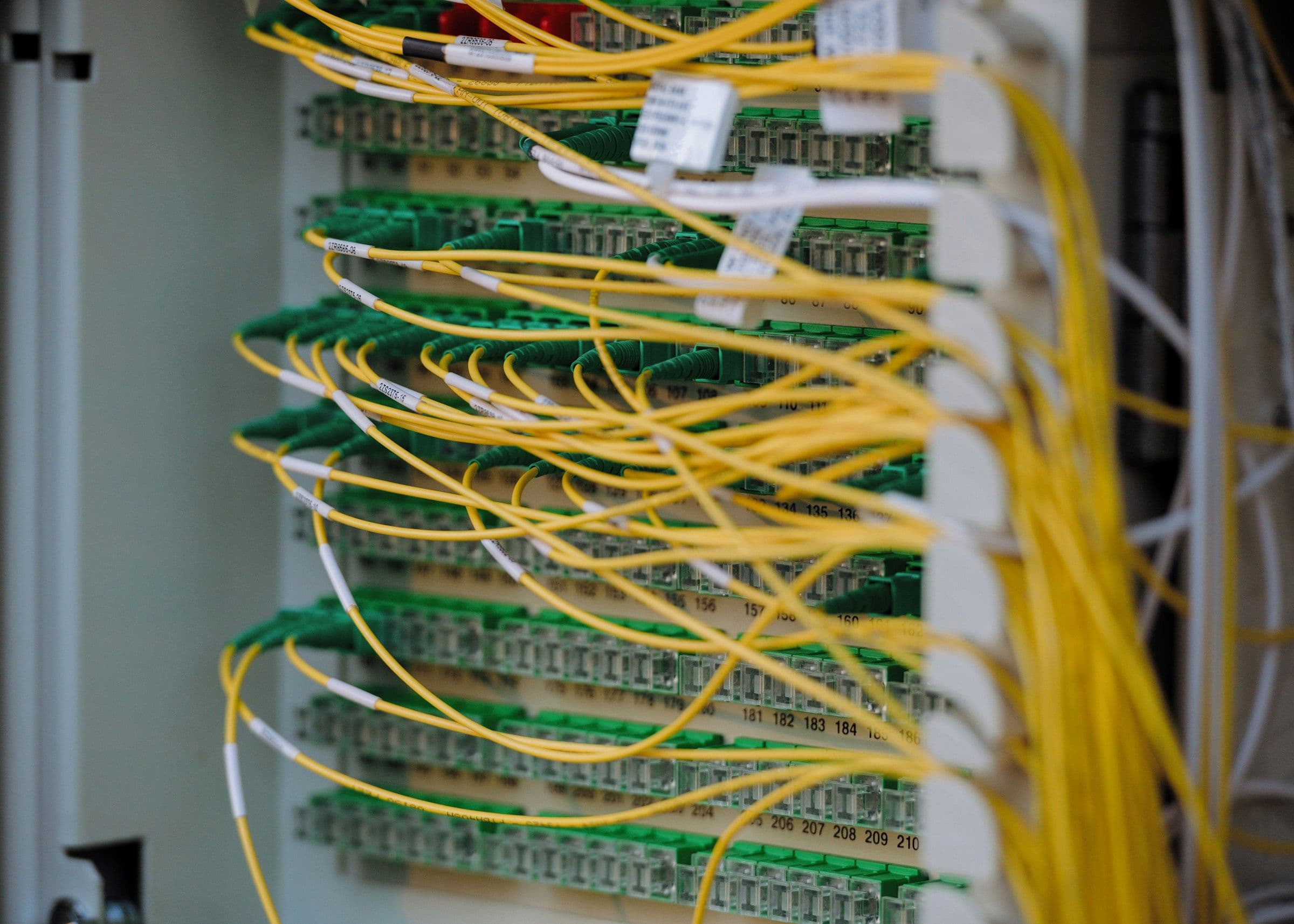Fibre patch panel with cables neatly routed and labelled